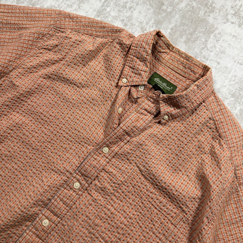 Eddie Bauer Button Down Shirt Mens L Orange Plaid Textured Camp Short Sleeve